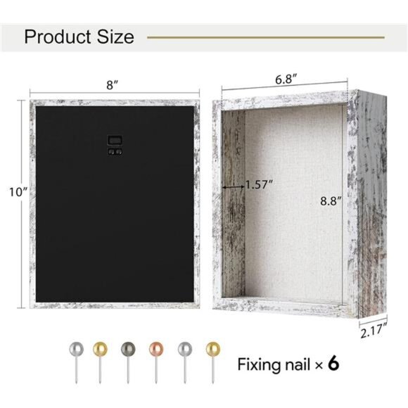 8x10 Shadow Box Frame with Linen Back-Real Glass,Push Pins Included Display Case - Picture 3 of 7